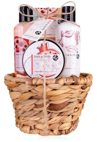 Accentra - Set da doccia per donne Frutit & Herb in bel cesto regalo, set da 4 pezzi, regalo con gel doccia, lozione per il corpo, esfoliante e sali da bagno – idea regalo fruttata Profumo: melograno