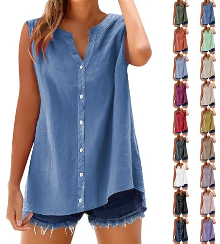 Camiseta de tirantes para mujer, informal, sin mangas, de algodón y lino, monocolor, para verano, cuello en V, con botones, para playa, sexy, sin mangas, blusa holgada