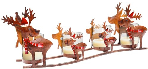 Kerzenhalter Adventskranz Modern, Adventsgesteck Rentier mit 4 Teelichtgläsern aus Glas, Adventskranz länglich aus Metall, Kerzenständer im Retro-Stil als Weihnachts- und Tischdeko, ideale Adventsdeko