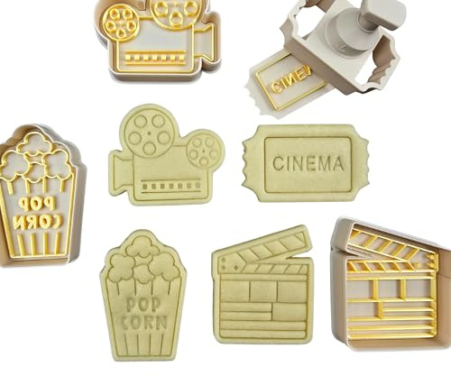 3DKOUPE - Stampini a pressione a tema cinematografico – macchina fotografica, biglietto cinematografico Popcorn, Clap - Pasticceria creativa Premium - Made in France (Set di 4)