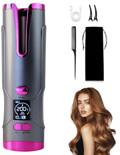Automatischer Lockenstab, Tragbarer Kabelloser Automatischer Lockenstäbe Automatisch Rotierender Lockenwickler aus Keramik 6 Temperaturstufen mit 5200mAh USB Aufladen für Große,Kleine Locken (Grau)