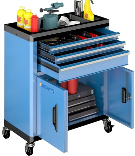 LARBANKE Carro de taller de 3 cajones de gran tamaño,Contenedor de ruedas multifuncional Carro de taller móvil, con cerradura, 4 ruedas, barra de conexión que conecta varios productos en una unidad