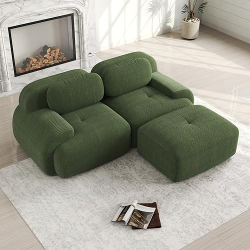 Bladez Sofá moderno de corduroy Sofá modular en forma de L sofá de esquina con otomano y reposapiés, sin montaje, sofá Cloud para salón (Verde, 2 plazas+1)