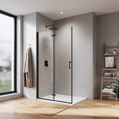 SONNI Walk i duschvägg 75 x 195 cm svart vikdörr 6 mm NANO glas roterande vikdörr duschpartition vägg duschdörr vikbar duschavskiljare veck