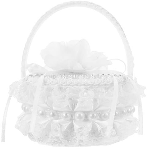 TOYZFRIENDY Scatola Porta Fedi Nuziali Manico Perle, Cuscino Ricamato Morbido, Mini Cesto Bianco per Damigelle, Accessorio Matrimonio per Cerimonie e Anniversari Elegante