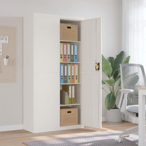 Armoire de classement blanche 90 x 40 x 180 cm en acier avec 4 étagères, porte verrouillable et revêtement par pulvérisation pour l'organisation du bureau et le rangement sûr, étagère en acier robuste