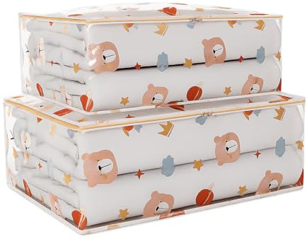 ESILA Set 2 Pezzi Sacchi Portaoggetti per Vestiti e Giocattoli Bambini – Borse Salvaspazio Trasparenti con Cerniera per Armadio, Organizer Pieghevole per Coperte, Piumoni e Abiti