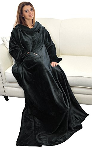 Catalonia Classy coperta in pile con maniche, micro peluche morbido visone coperta da indossare, soffice coperta, plaid maniche per uomini, donna, fidanzata, moglie, 185 x 130 cm, Regalo, Nero