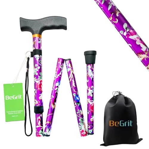 BeGrit Gehstock Klappbar für Damen Gehstock Lila Bunt Damen Elegant Höhenverstellbar Spazierstock Blumen Krückstock Geschenke für Mother Herren Geburtstag Thanksgiving das Neue Jahr