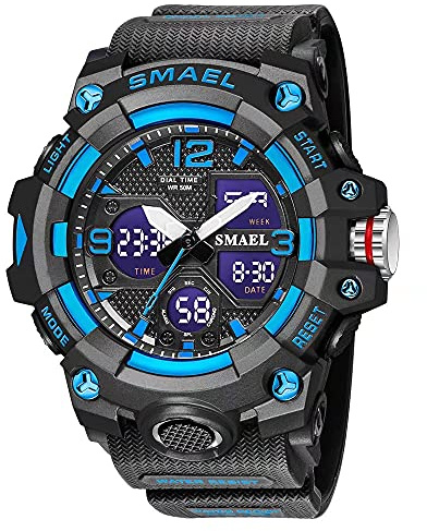 SMAEL Men's Watches Military Outdoor Waterproof Sports Wrist Watch Date Multi Function LED Alarm Stopwatch, Digital Watches for Mens, Blue, Large Face, Digital