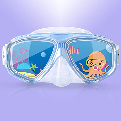 Kids Swim Mask, 180° Panoramic Child Diving Mask Anti-Fog Kids Swim Goggles with Nose Cover for Swimming, Diving, Snorkeling for Boys and Girls Age 4-14 (Dream Blue)
