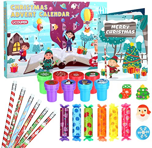 Ucouper Calendario Avvento 2025 di Cancelleria Scuola Set Cancelleria 24 Articoli Calendario Avvento Bambini Bambina con Matite Timbri Evidenziatori e Gomma Regali di Natale Bambini