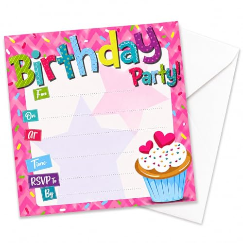 12x Girls Birthday Party Invitations – Cupcake-Themed Birthday Invites with Envelopes – Pink & Colourful Fill-In Cards – Fun & Cute Design – Perfect for Any Age – 13.5cm x 13.5cm