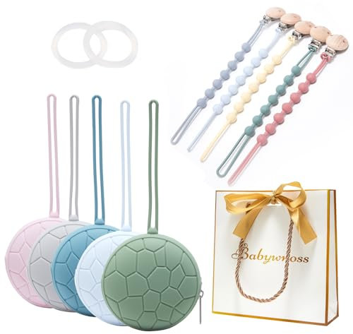 Babywnoss - 2 schnullerketten aus Silikon - 1 schnullerbox - 2 Adapter aus Silikon (Grau, Mit Geschenkbeutel)