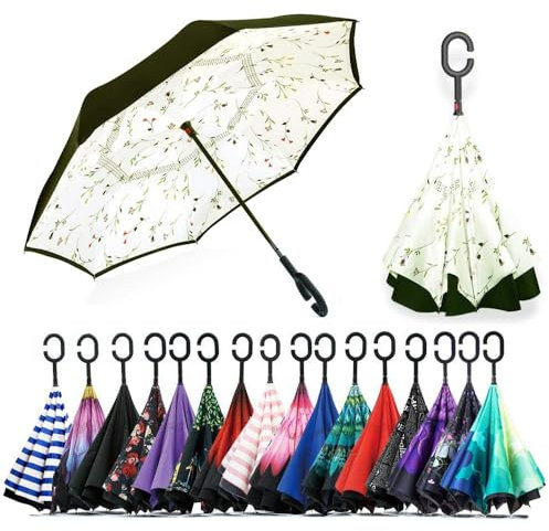 CICILIAYA Paraguas invertido plegable de doble capa, soporte automático para protección contra la lluvia para coche con mango en forma de C, paraguas recto grande, Beige 1, M