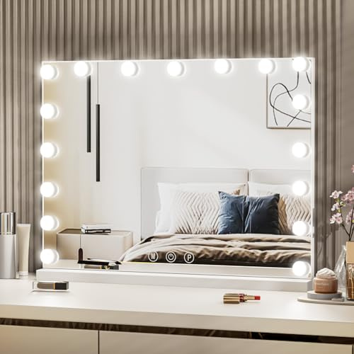 LIANWANG Hollywood Sminkspegel 80x62 cm, Spegel met 17 Justerbara LED-lampor, 3 Ljusstyrkelägen, Intelligenta Minnefunktion, Touch Control, USB och Type C Laddare, Väggmontering, Vit