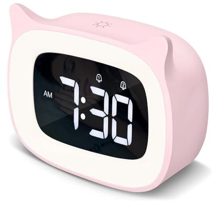 Roysmart Réveil Enfant Educatif, LED Veilleuses Pendules horloges de Chambre d'enfant Kid, Affichage Automatique Temps, 5 Couleurs,18 Type de Musique Cadeau d'anniversaire pour Fille Garcon - Rose