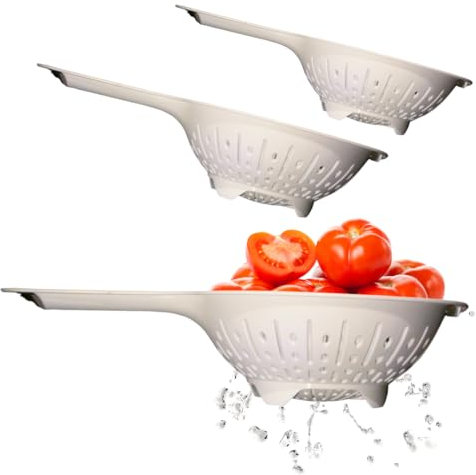 Tomko Küchensieb 3er Set, Nudelsieb aus Kunststoff mit Griff, ⌀ 22,/19/16cm Groß, Seiher zum Abwaschen von Obst & Gemüse, Abtropfsieb für Nudeln, Siebkorb, Stielsieb (Weiß)