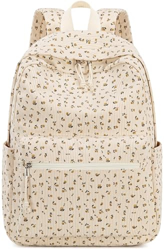LOIDOU Sac à Dos d'Écolier pour Filles et Garçons Adolescents - Léger, Imperméable, pour l'École, Collège, Travail - Velours Côtelé, Roses Beiges