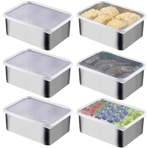 VEGOATY 6 Piezas de Recipientes de Acero Inoxidable con Tapa, Recipientes de Acero Inoxidable para Preparación de Comida de Tamaño Perfecto 13.5x10.5x5.5cm para Recipientes de Almacenamiento de Comida