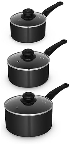 Swan Townhouse 3 Piece Saucepan Set with 16/18/20cm Saucepans with Glass Lids, Bakelite Handles, Suitable for All Hob Types (excluding Induction), Oven Safe, Black