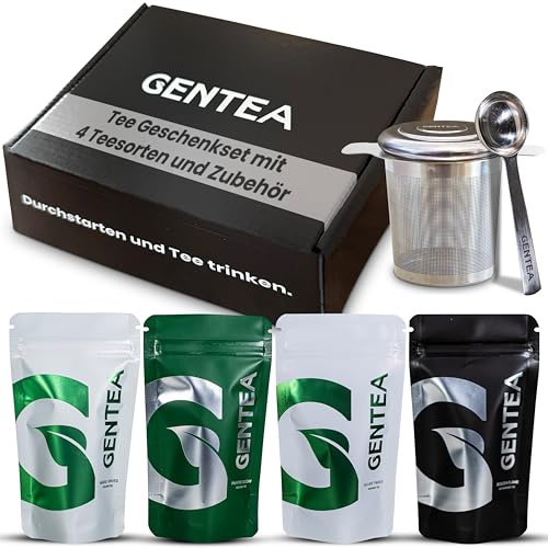 Gentea® Tee Geschenkset | Tee Set Geschenk mit 4 Sorten loser Tee Grün, Schwarz, Weiß, Oolong | Einsteigerset inkl. Teesieb & Dosierlöffel | perfektes Teegeschenk für Einsteiger und Genießer