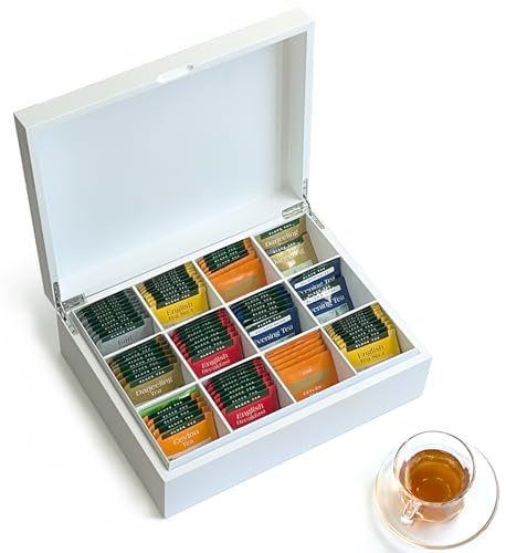 Slege Tea Bag Organizer,Wood Tea Box,Handcrafted Elegant White 12 Compart,Teabag Holder Containers,Tea Caddy for Tea Bags,Teabox Station Display,Coffee Box,Home Organizer or Gift,Storage Box