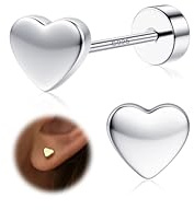 LOYALLOOK 925 Sterling Silver Heart Stud Earrings for Women Hypoallergenic | Silver Flat Back Stud Earrings 20G | Small Heart Helix Conch Tragus Cartilage Piercing Jewelry