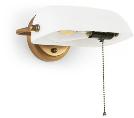 Aplique de Pared Vintage BANQUERO – Pantalla Blanca, Soporte de Latón con Interruptor de Cadena. Casquillo E27, Estilo Clásico y Retro. Lámpara de pared para salón, dormitorio, oficinas
