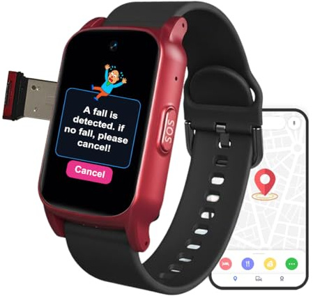 VCYEX Reloj Localizador Personas Mayores, con Detección De Alertas De Caída Y Posición GPS, Botón SOS, Llamadas/Videollamadas, Pour AlzheimerRed,1.25 * 0.57 * 2.22inch
