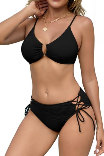 SHEKINI Sexy 2 Piece Bikini Sets for Women Ribbed High Cut Bathing Suit Macaron Color Block Swimsuit U-Wire Tie Swimwear, Black, Small