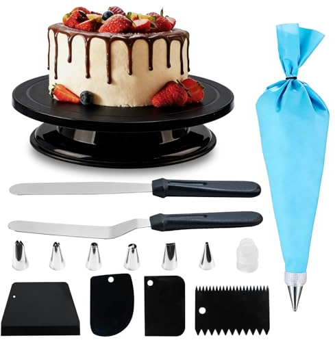 1 Plato Giratorio para Tartas, Plato Giratorio Decoración Pasteles, decoración pastel kit, accesorios para tartas, con 2 espátulas 6, 4 raspadores, 8 mangas pasteleras con boquillas (negro)