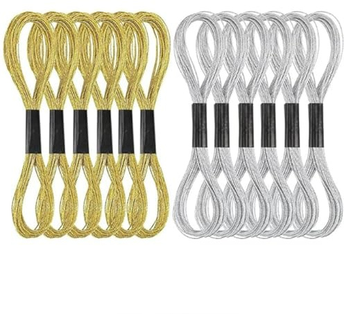 12 Skeins Metallic Embroidery Thread,Gold and Silver Embroidery Threads,6 Gold and 6 Silver,Cross Stitch Thread for Crafting Sewing Making Yarn Craft String Art Supplies,8m/6 Strands