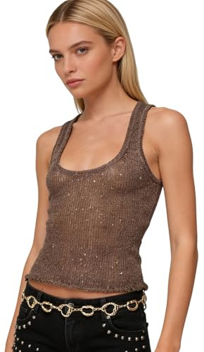 Women Sexy Fishnet Knit Sequin Tank Top Glitter Sequins Sleeveless U-Neck Semi Sheer Cropped Vest Summer Going Out Top