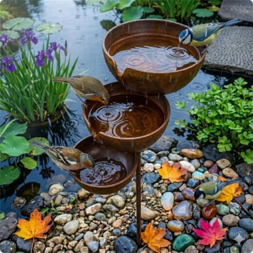 Bring Life Back to Your Garden – Rain Catcher Bird Bath, 2026 Metal 3 Tier Bird Bath, Rain Catcher Garden Stakes Birds Baths, Antique Bronze Outdoor Rainwater Collector, Self-Filling Metal Birds Baths