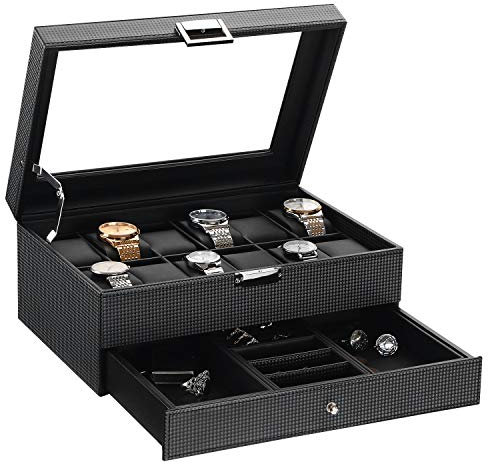 BEWISHOME Uhrenbox Herren mit Schublade, Uhrenaufbewahrungbox mit Echtglasplatte, Metallscharnier, Kohlefaser-Design – 12 Fächer, Uhrenaufbewahrungskasten für Herren, schwarz ESSH02C