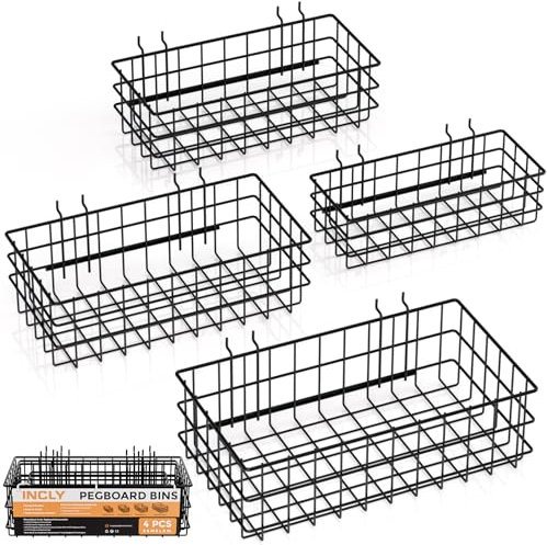 INCLY 4 Pack Pegboard Baskets Bins Set, 4 Size Square Style Black Metal Wire Basket for Any Peg Board Organizing Tools, Pegboard Accessories for Workbench Garage Wall Storage Attachments