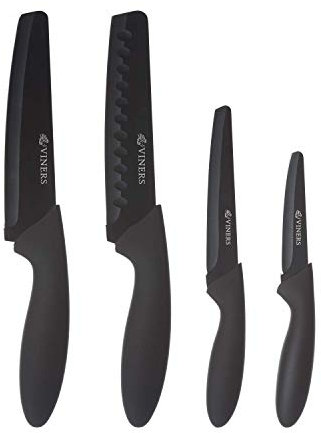 Viners Assure 4 Piece Knife Set Stainless Steel Blades with Squared Tips for Safety, Soft Grip Handles, Non-Stick Coating, Rust-Resistant, Includes Chef’s, Santoku, Utility & Paring Knives