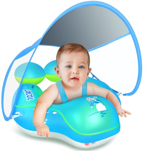 Upgraded No Flip Over Baby Pool Float, Baby Float with Canopy UPF50+, Inflatable with Double Air Chambers,Five Safety Protection Anti-flip Safe, Baby Swimming Float with 2 Tail for 6-36 Months(Blue L)