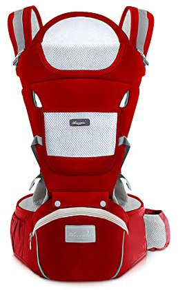 SONARIN Babytrage Ergonomisch mit Hüftsitz/reiner Baumwolle, Kopfstütze, Mehrfachpositionierung: Rücken, Bauch, einstellbar für Neugeborene und Kleinkinder 0 bis 36 Monate (bis zu 30 kg) Rot