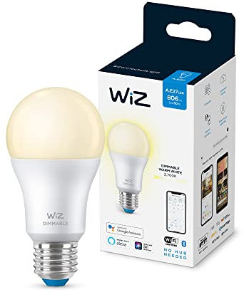 WiZ Lampadina Smart WiFi, Luce Bianca Calda Dimmerabile, E27, 8W, Tecnologia SpaceSense, Controllo Vocale (Alexa, Apple HomeKit, Google Home)