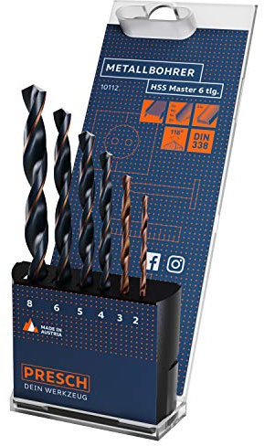Presch Metal Drill Bit Set HSS Master 6 pcs - HSS Drill Set Metal for Drilling Steel, Aluminium, Copper and Brass - High Speed Steel Drill Bits -Metal Drill Bits Ø 2-8mm
