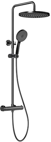 Rainsworth Duschsystem mit Thermostat Schwarz, Duscharmatur Komplettset mit 30cm Rund Regendusche Duschkopf, 5 Strahlarten Duschkopf, 92-126 cm Höhenverstellbar, Regendusche mit Armatur, Duschset