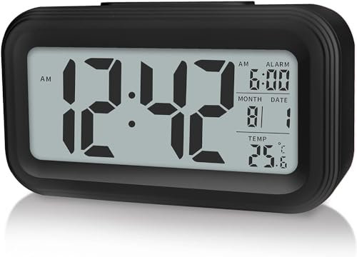 Hiseeyo Aufgerüsteter Digitaler Wecker, 4.3 LED-anzeige Mit Temperatur Größerer Lound Light Control Portable Snooze Kalender Helligkeit Mit Batteriebetriebenen Wecker Nachttisch (schwarz)