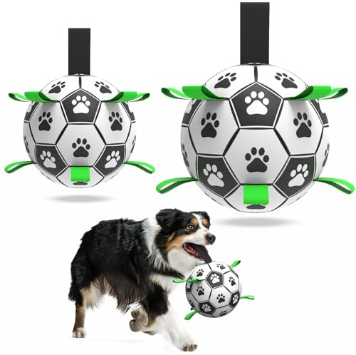 QDAN 2 PCS Dog Toys Soccer Ball Set with Straps, Interactive Dog Toys for Tug of War, Puppy Birthday Gifts, Dog Water Toy, Durable Dog Balls for Medium & Large Dogs(6 & 8 Inch)