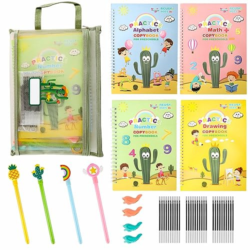 Premium räfflad handstil övning för barn, återanvändbar magisk skrivbok för barn med penngrepp och påse, stor storlek kalligrafi arbetsböcker kit för förskola, förskola (30 påfyllningar)