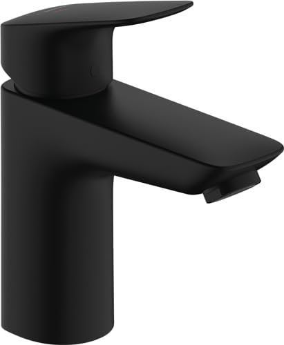 hansgrohe Logis - Waschtischarmatur mit Zugstange, energiesparend (CoolStart), Wasserhahn Bad mit Auslauf Höhe 100mm, Mischbatterie Waschbecken wassersparend (EcoSmart), Mattschwarz