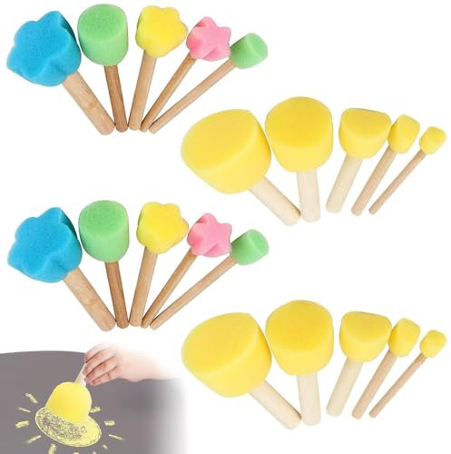 20-Teiliges Schwammpinselset, Runde und Blumenförmige Schwammpinsel, Stupfpinsel, Malswämme mit Holzgriffen, Schwammpinsel für Erwachsene Anfänger in der Malerei, Kunstneulinge und Bastelfreunde