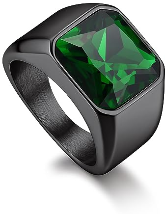Bandmax Anillo Negro con Piedra Verde/Negro/Zafiro/Rubí 12mm Ancho, Anillo Sello para Hombre Mujer Tamaño 54mm a 72mm