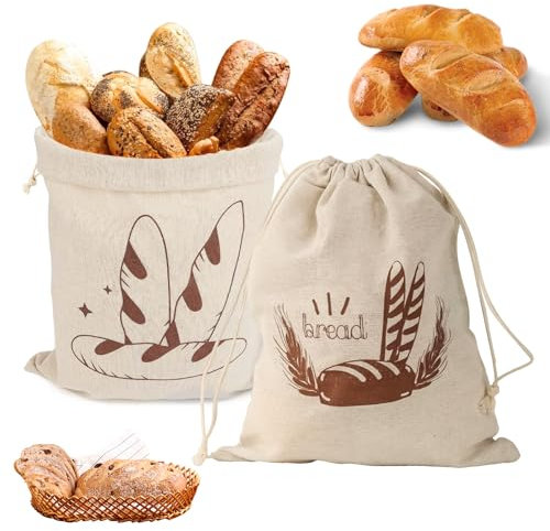Litinliv Lot de 2 Sacs à Pain en Lin avec Cordon de Serrage, Sac en Tissu pour Pain et Aliments 30x40cm, Réutilisables Sac Conservation Pain pour Pains/Fruits/Légumes